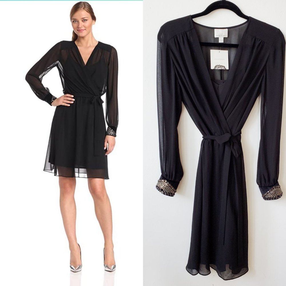 Donna Morgan Sheer Cocktail Dress with Velvet Beaded Cuff, Black, 2